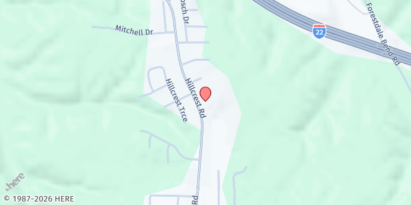 Map showing Love Fellowship Christian Center at 1150 Hillcrest Rd., Adamsville, AL