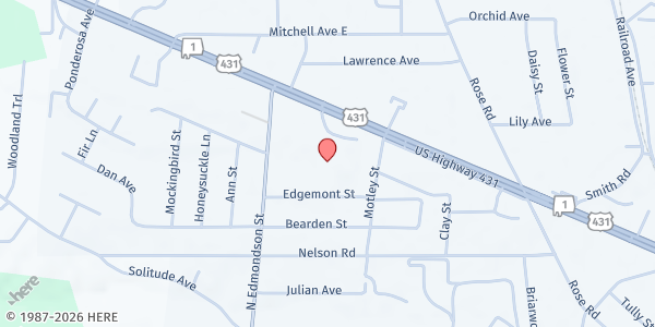 Map showing Life Point Church at 700 Motley St., Albertville, AL