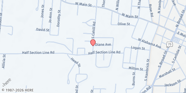 Map showing Marshall County Christian Services at 217 South Cahill Road, Albertville, AL