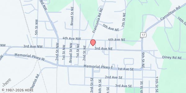 Map showing First UMC Aliceville - The Lord's Pantry at 307 3rd Ave. NE, Aliceville, AL