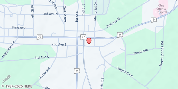 Map showing Ashland First UMC at 83192 AL-9, Ashland, AL