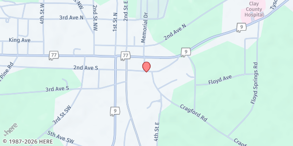 Map showing Clay County Community Food Bank at 192 2nd Avenue South, Ashland, AL