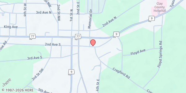 Map showing Clay County Community Food Bank at 192 2nd Ave. S., Ashland, AL