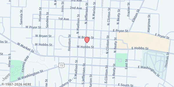 Map showing Athens First Methodist Church at 208 W Hobbs St, Athens, AL
