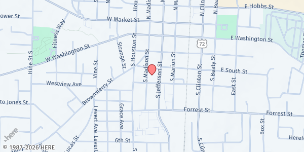Map showing Athens Limestone County Family Resource Center at 406 S Jefferson St, Athens, AL