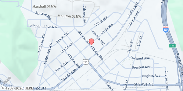 Map showing First UMC at 601 4th St. NW, Attalla, AL