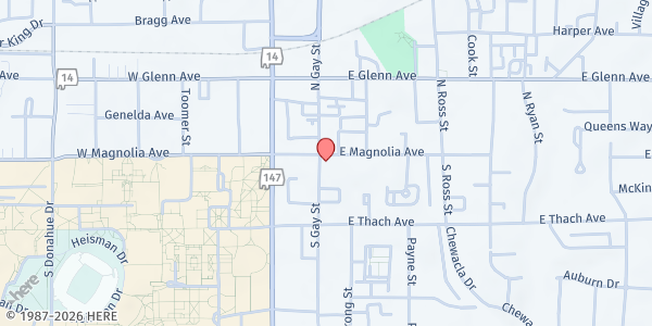 Map showing Auburn UMC Good News Center at 302 E. Magnolia Ave., Auburn, AL