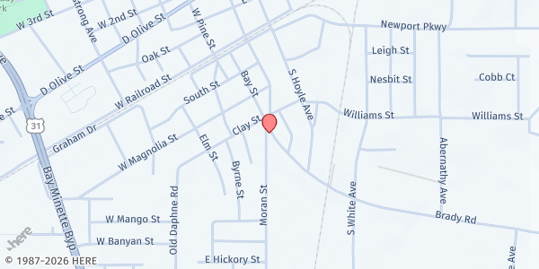 Map showing Faith Community Full Gospel at 401 Moran St., Bay Minette, AL