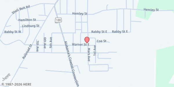 Map showing Greater New Hope Baptist Church at 8570 E Warner St, Bayou La Batre, AL