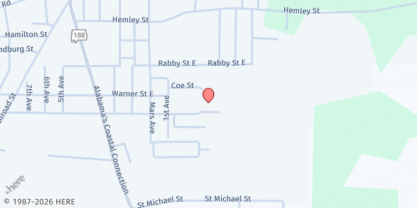Map showing Greater New Hope Baptist Church at 8420 E. Alba St., Bayou La Batre, AL