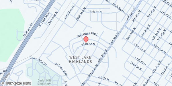 Map showing I.J. Community Development Food Pantry at 1027 11th St. N., Bessemer, AL