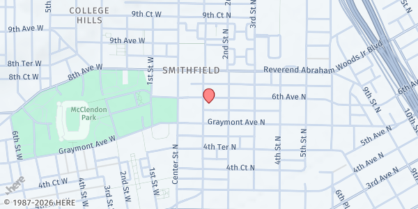 Map showing Birmingham Ephesus SDA Church at 105 6th Ave. N., Birmingham, AL