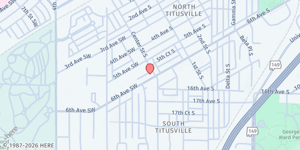 Map showing Birmingham Public Library Titusville Branch at 2 6th Ave. SW, Birmingham, AL