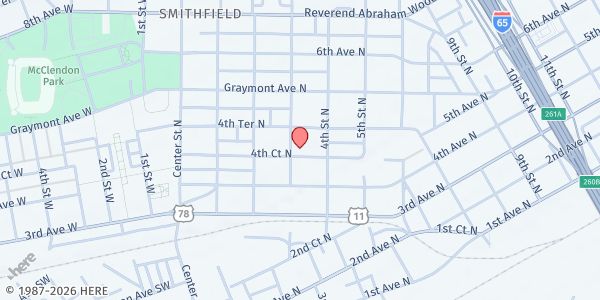 Map showing Joe Brooks Food Ministry at 300 4th Ct. N., Birmingham, AL