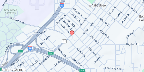 Map showing Serving You Ministries at 6523 1st Ave. N., Birmingham, AL