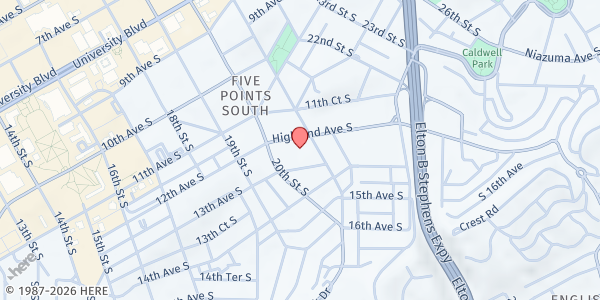 Map showing South Highland Presbyterian Church at 2035 Highland Ave., Birmingham, AL