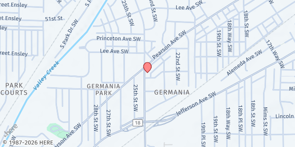 Map showing South Park Baptist Church Senior Grocery Program at 2341 Pearson Ave. SW, Birmingham, AL