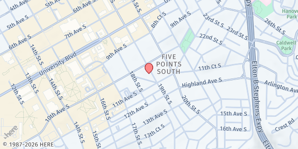 Map showing Southside Baptist Church at 1016 19th St. S., Birmingham, AL