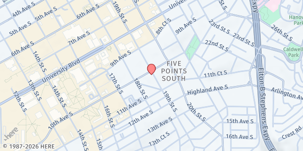 Map showing Southside Baptist Church at 1016 19th St S, Birmingham, AL