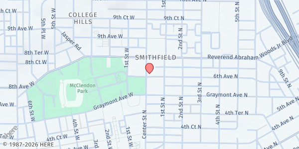 Map showing Tabernacle Baptist Church at 600 Center St., Birmingham, AL