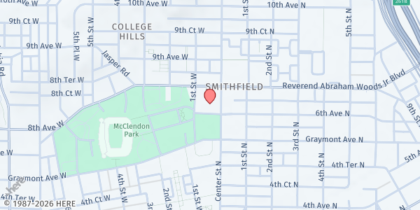 Map showing Tabernacle Baptist Church at 600 Center St., Birmingham, AL