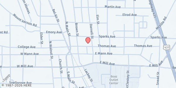 Map showing Julia Street Congregational Methodist at 302 Thomas Ave., Boaz, AL