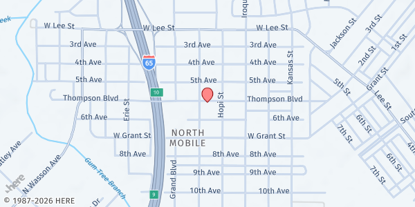 Map showing High Praise Worship Church at 265 Thompson Blvd., Chickasaw, AL