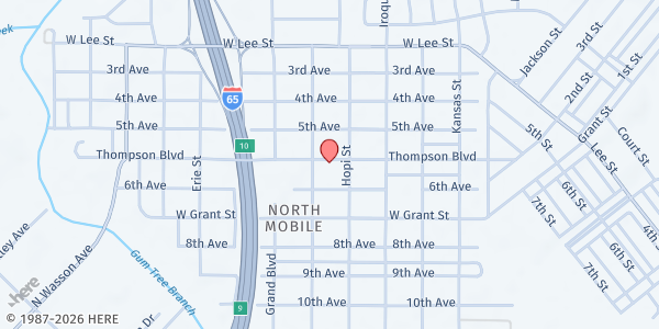 Map showing High Praise Worship Church at 265 Thompson Blvd., Chickasaw, AL