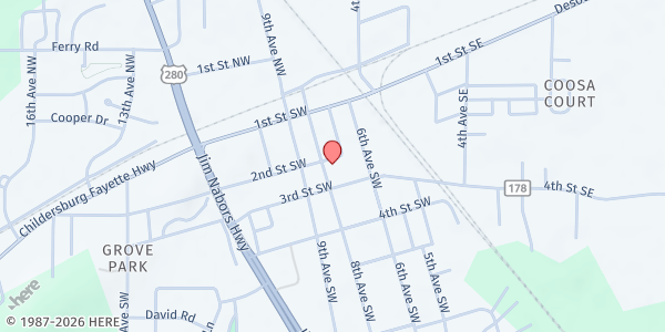 Map showing First Baptist Church Childersburg at 200 8th Ave SW, Childersburg, AL