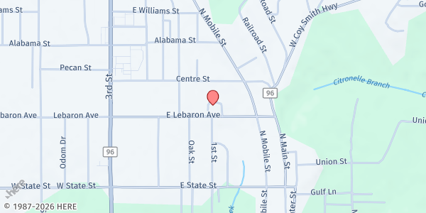Map showing Citronelle United Methodist Church at 7970 Lebaron Avenue, Citronelle, AL