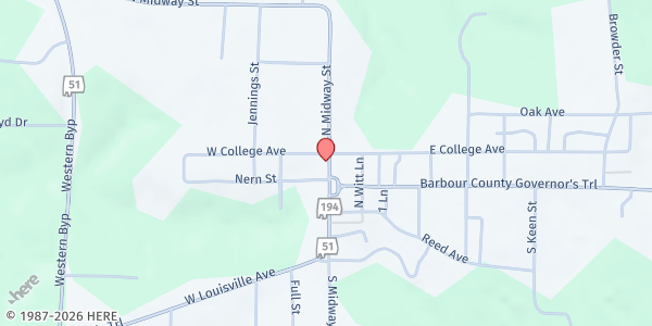 Map showing Forgiven Ministries Food Pantry at 14 N. Midway St., Clayton, AL