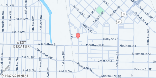 Map showing Committee on Church Cooperation - Food Distribution Center at 119 1st Ave NE, Decatur, AL