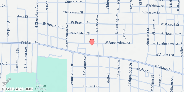 Map showing First UMC of Dothan at 1380 W. Main St., Dothan, AL