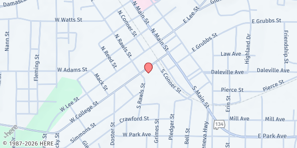 Map showing College Avenue Church of Christ at 211 W. College St., Enterprise, AL