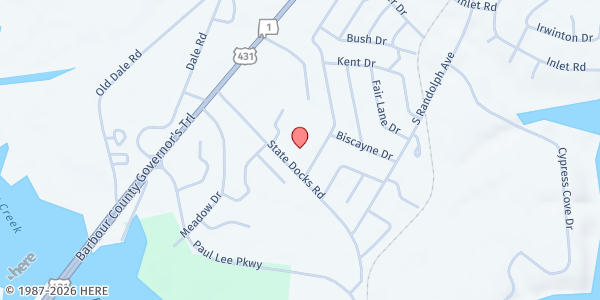 Map showing First Assembly of God at 250 State Docks Rd., Eufaula, AL