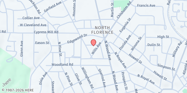 Map showing North Wood UMC at 1129 Wills Ave., Florence, AL
