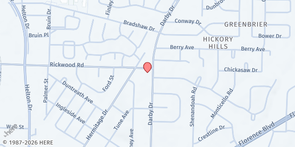 Map showing Woodmont Baptist Church at 2001 Darby Drive, Florence, AL