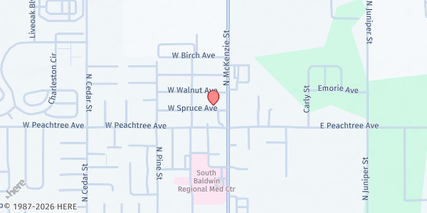 Map showing Ecumenical Ministries - South Baldwin at 102 W. Spruce Ave., Foley, AL