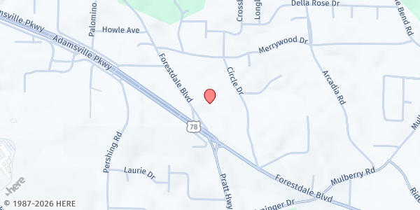 Map showing I Care Christian Ministries at 2241 Forestdale Blvd, Forestdale, AL