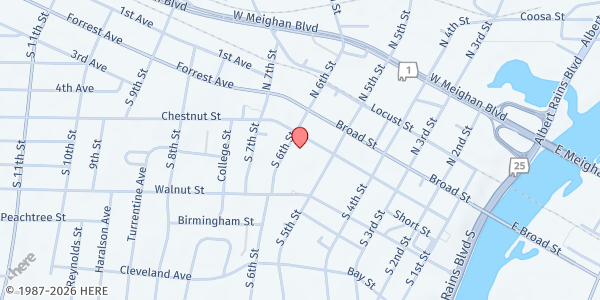 Map showing Cornerstone Church - Mercy Depot at 214 S. 6th St., Gadsden, AL