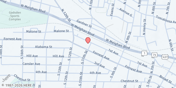 Map showing Salvation Army Gadsden at 114 N. 11th St, Gadsden, AL