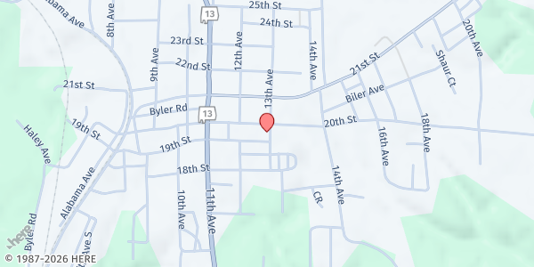 Map showing First Baptist Church Haleyville at 1117 20th St, Haleyville, AL