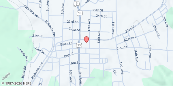 Map showing First Baptist Church of Haleyville at 1103 21st St., Haleyville, AL