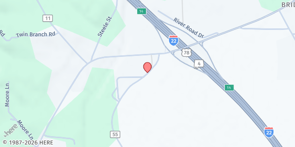 Map showing Fulton Bridge Baptist Church at 3090 Co. Rd. 55, Hamilton, AL