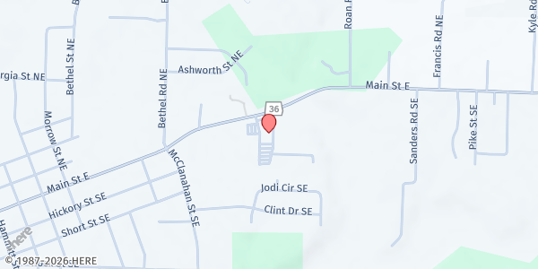 Map showing East Highland Baptist Church at 1030 Main Street East, Hartselle, AL
