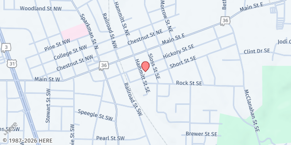 Map showing First Methodist Church of Hartselle at 210 Hickory St SE, Hartselle, AL