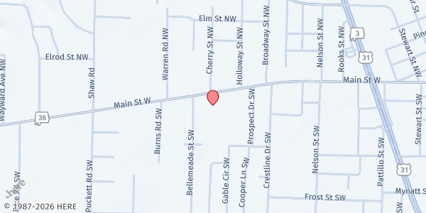 Map showing Risen Church at 1038 Main St. W., Hartselle, AL