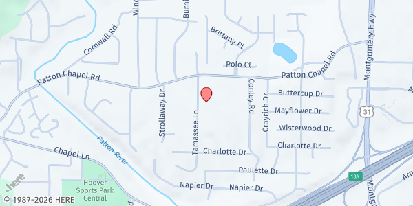 Map showing Green Valley Baptist Church at 1815 Patton Chapel Road, Hoover, AL