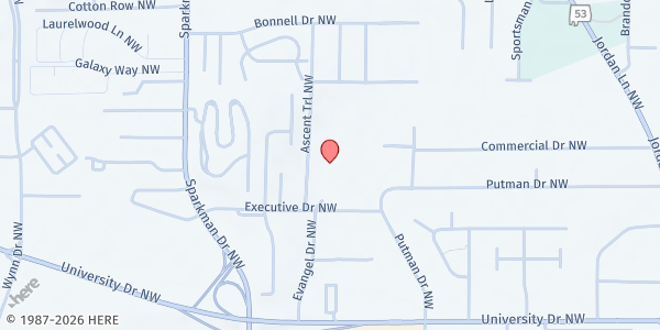 Map showing Downtown Rescue Mission at 1400 NW Evangel Dr., Huntsville, AL