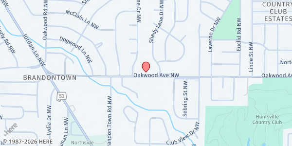 Map showing First Church of God in Christ at 3804 NW Oakwood Ave., Huntsville, AL